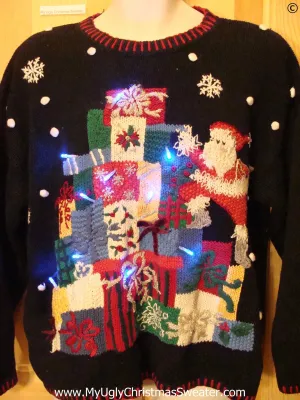80s Tacky Christmas Sweater with Santa, Gifts, with Lights