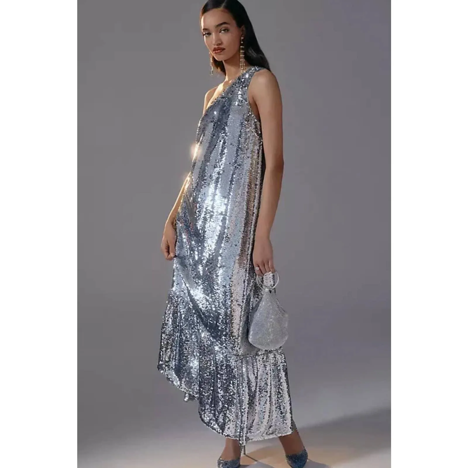 Anthropologie Maeve Sequin One Shoulder Midi Dress Size XS New