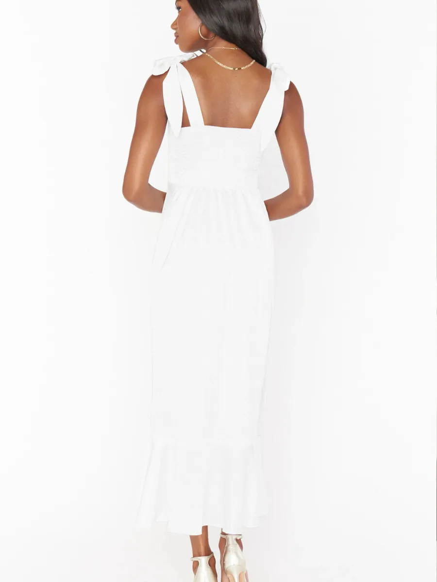 AVIANCA SHOULDER TIE BRIDAL MIDI DRESS - WHITE