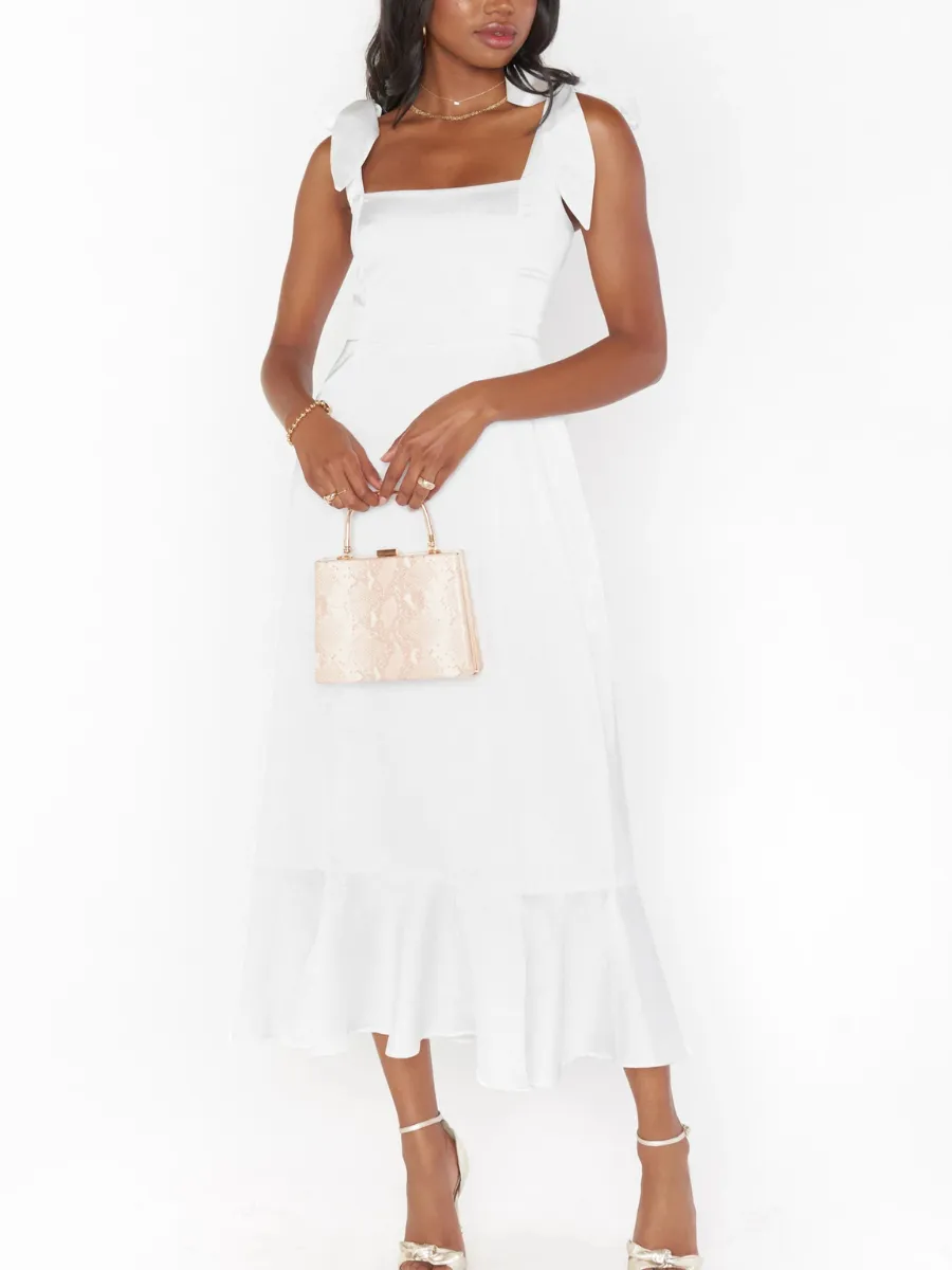AVIANCA SHOULDER TIE BRIDAL MIDI DRESS - WHITE