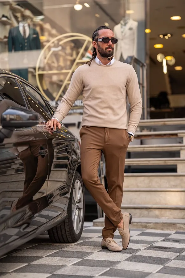 Beige Slim Fit Round Neck Sweater for Men | GentWith.com