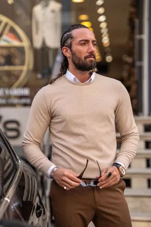 Beige Slim Fit Round Neck Sweater for Men | GentWith.com