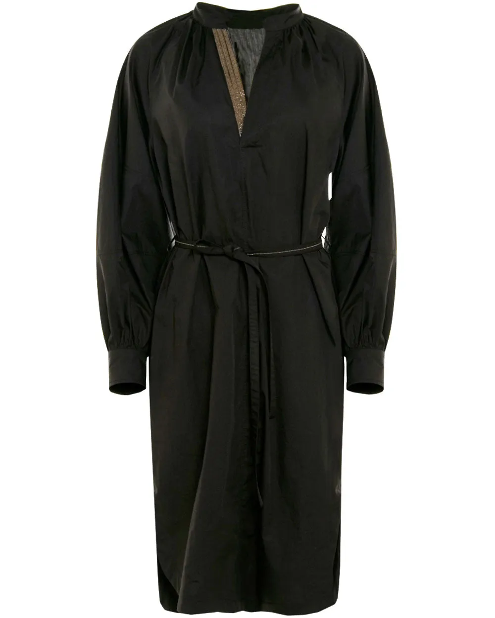 Black Monili Trim Crinkle Cotton Belted Dress