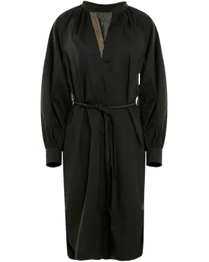 Black Monili Trim Crinkle Cotton Belted Dress