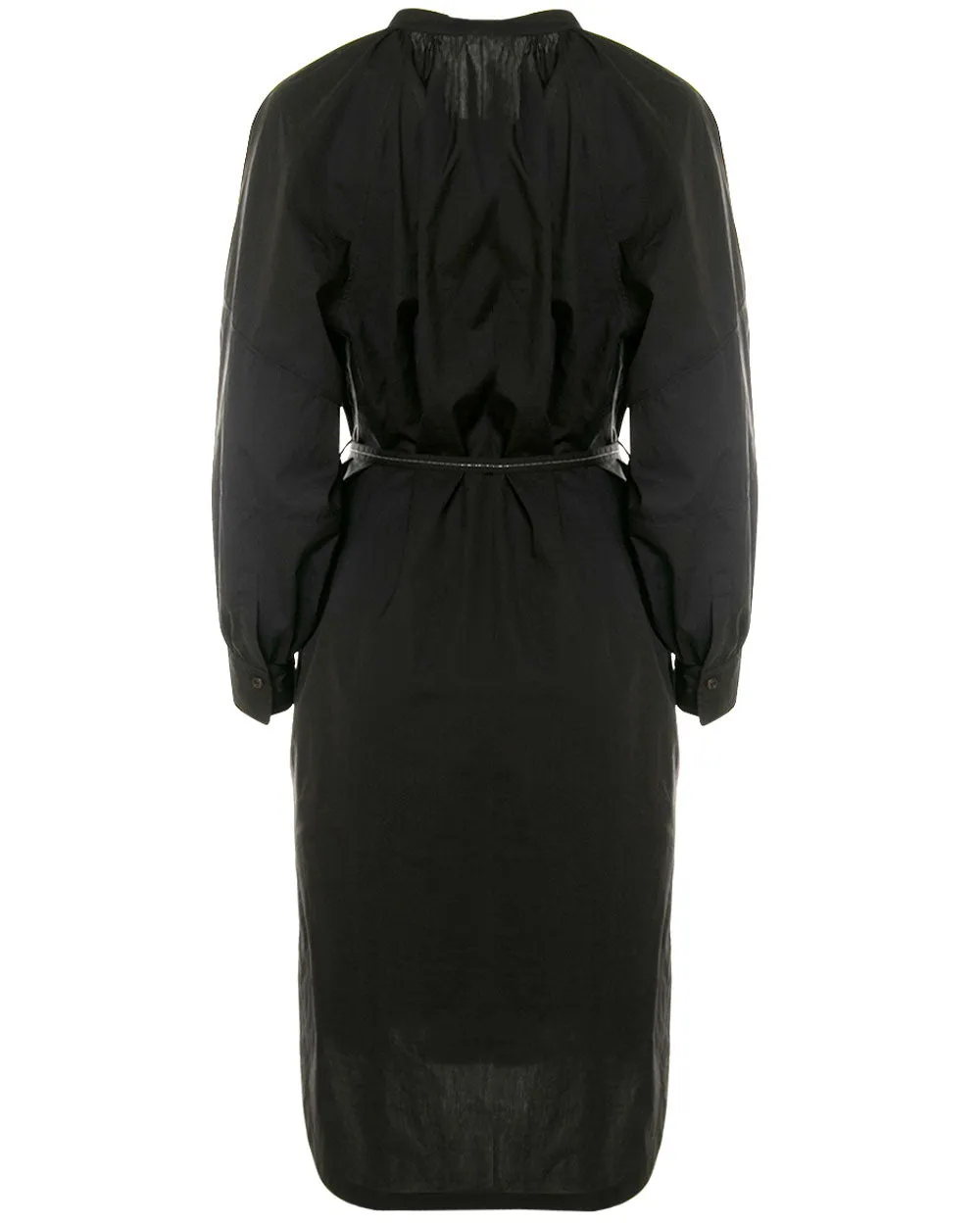 Black Monili Trim Crinkle Cotton Belted Dress