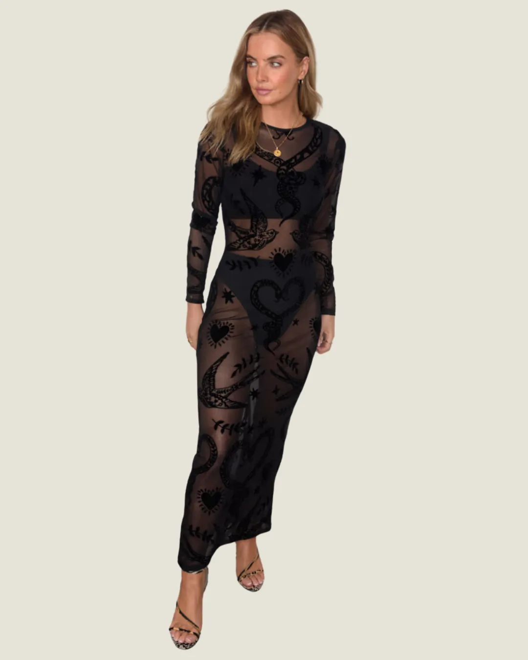 Black Swallow Romance:  Mesh Detailed Midi Dress