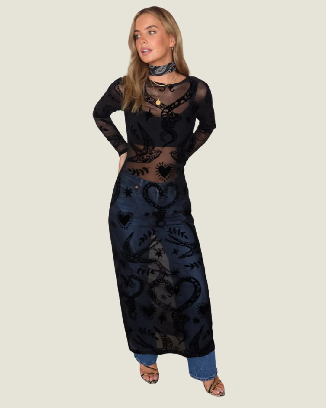 Black Swallow Romance:  Mesh Detailed Midi Dress