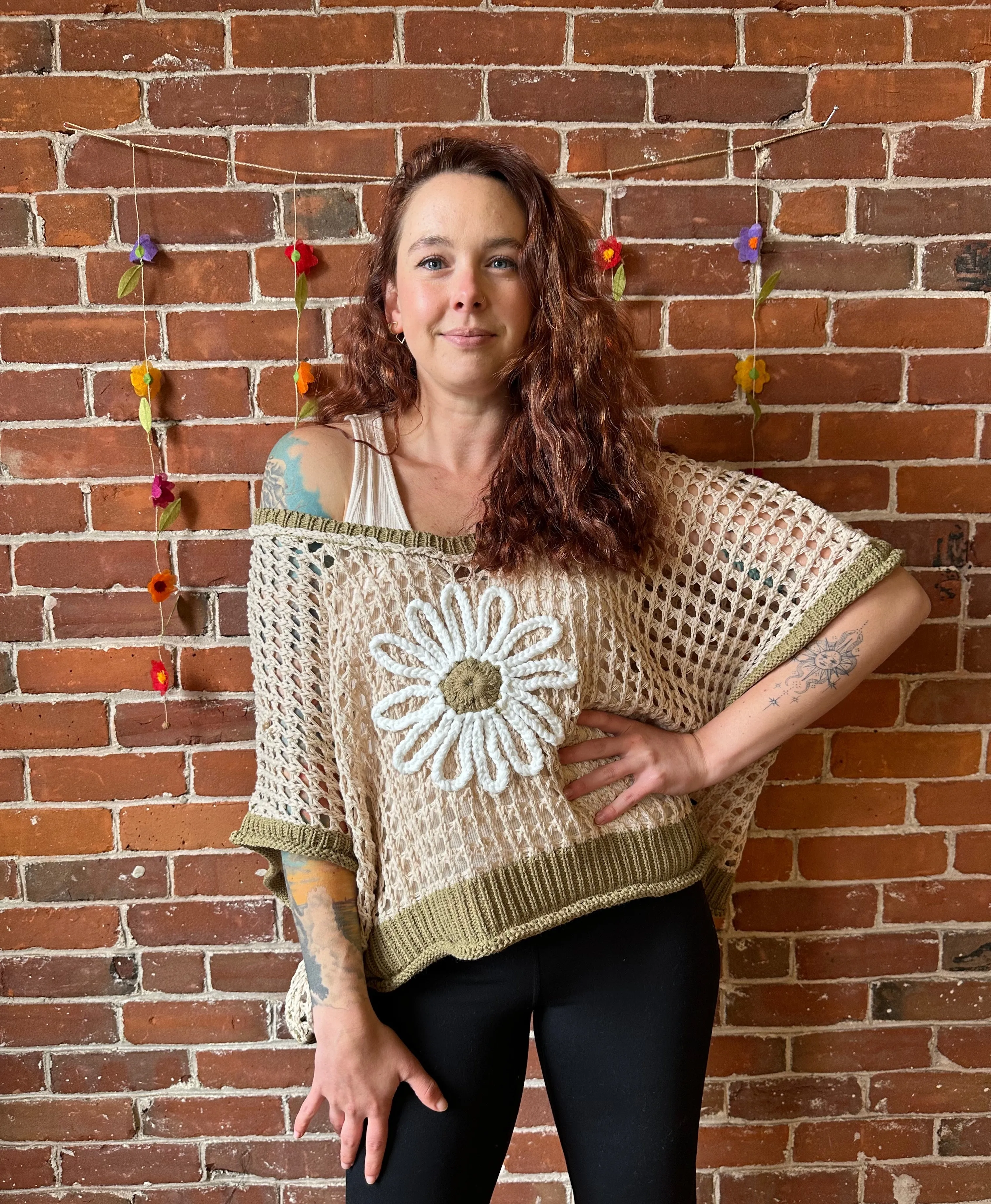 Bohemian Spring Flower Crochet Crop Top 🌻 Beige/Olive