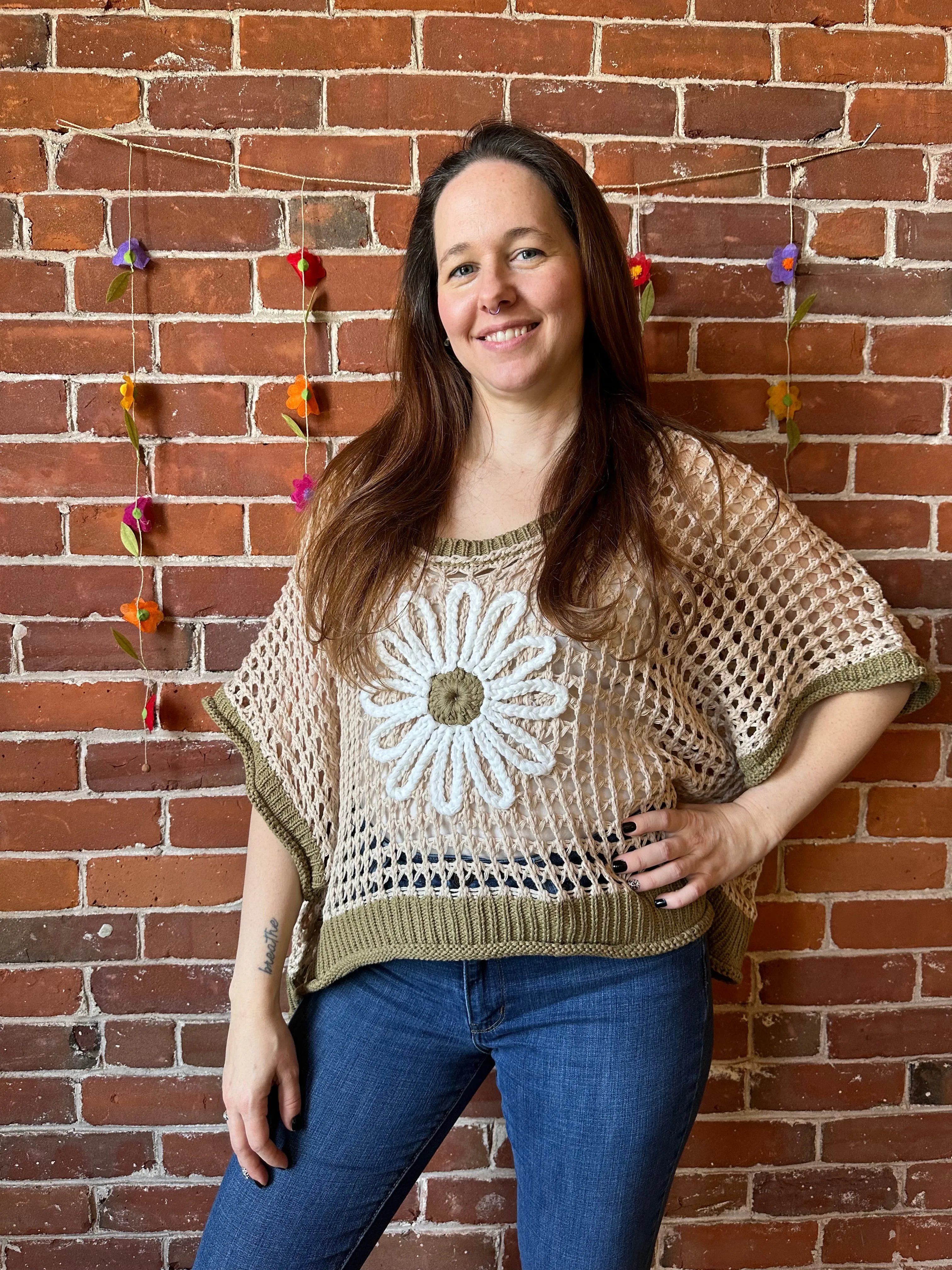 Bohemian Spring Flower Crochet Crop Top 🌻 Beige/Olive