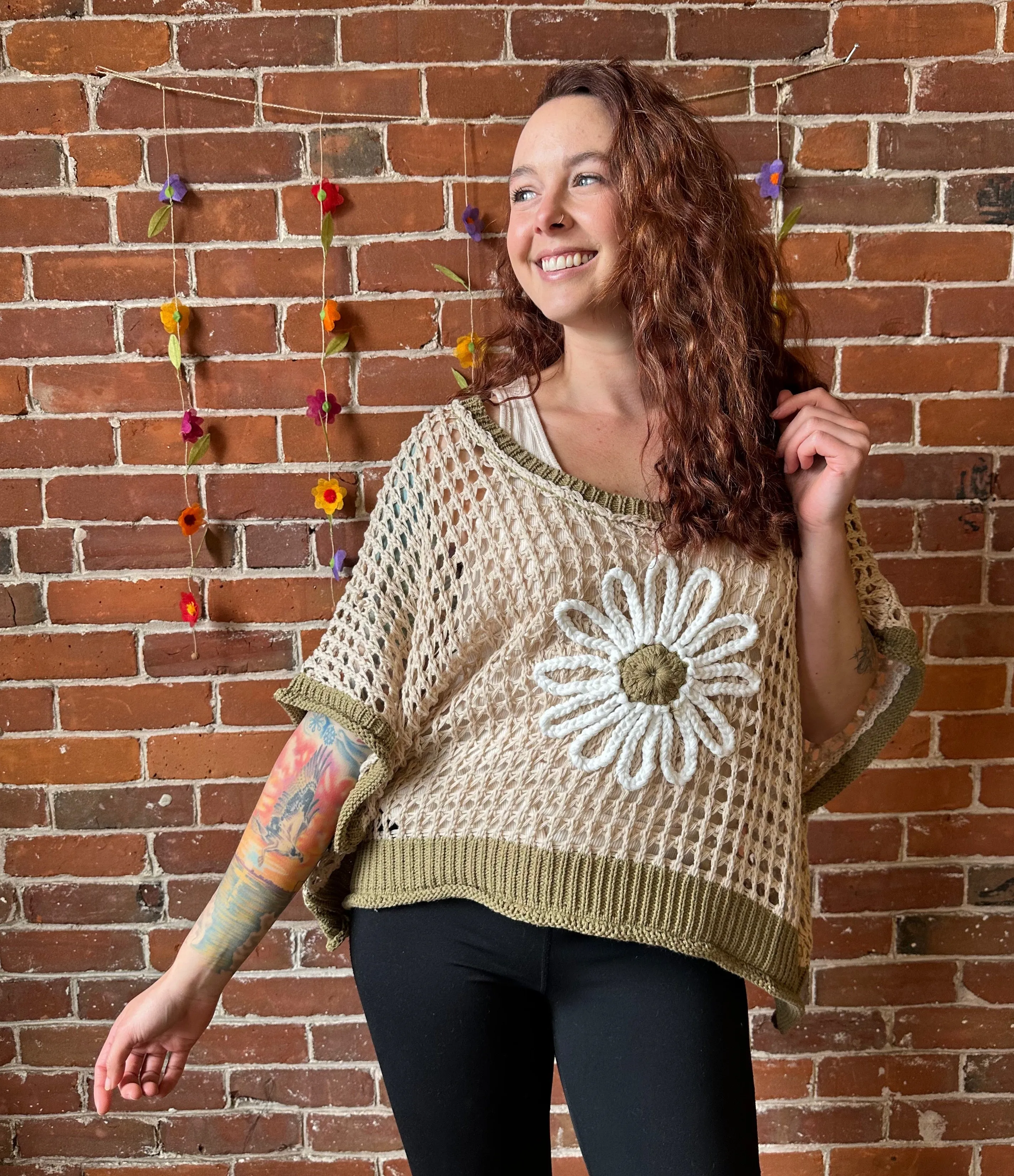 Bohemian Spring Flower Crochet Crop Top 🌻 Beige/Olive