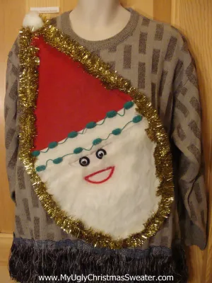 Brown Mens Wacky Santa Ugly Christmas Sweater with Fringe