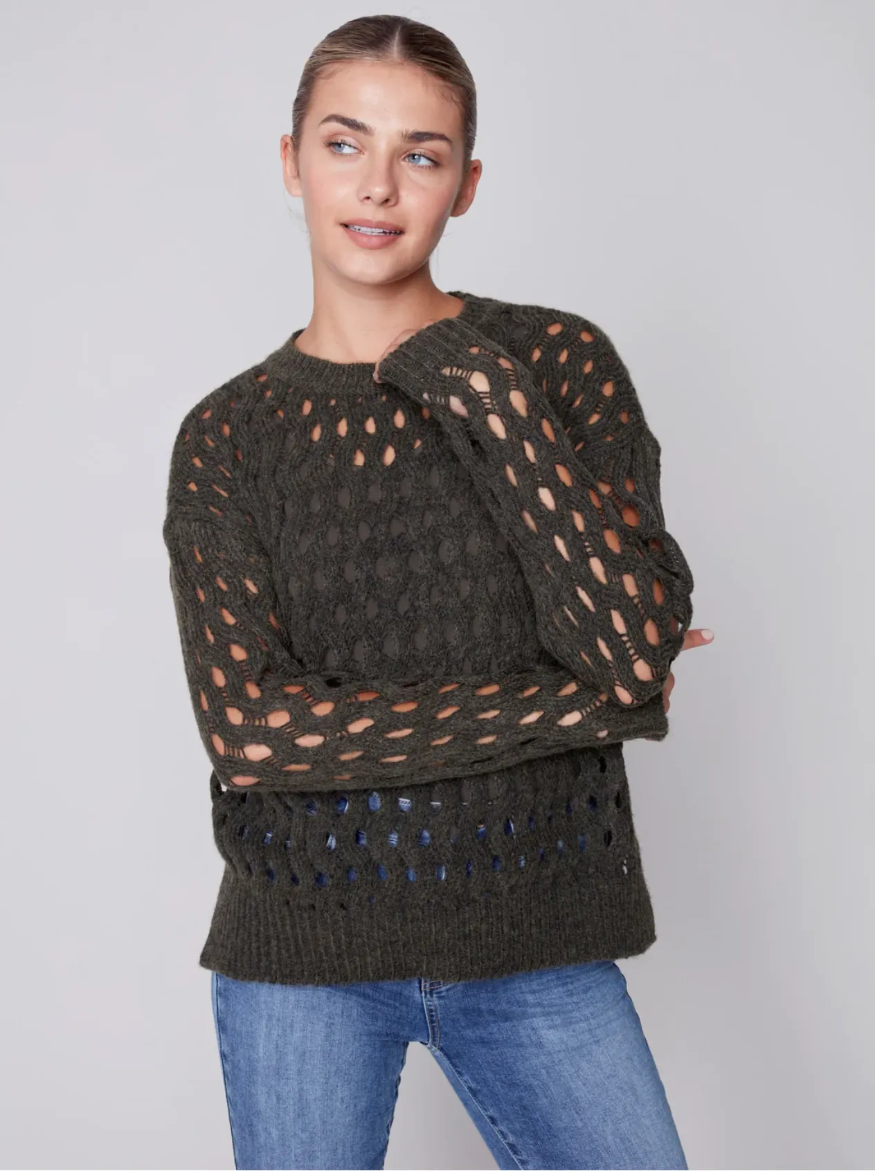 Charlie B - Crew-Neck Cable Knit Sweater - Spruce
