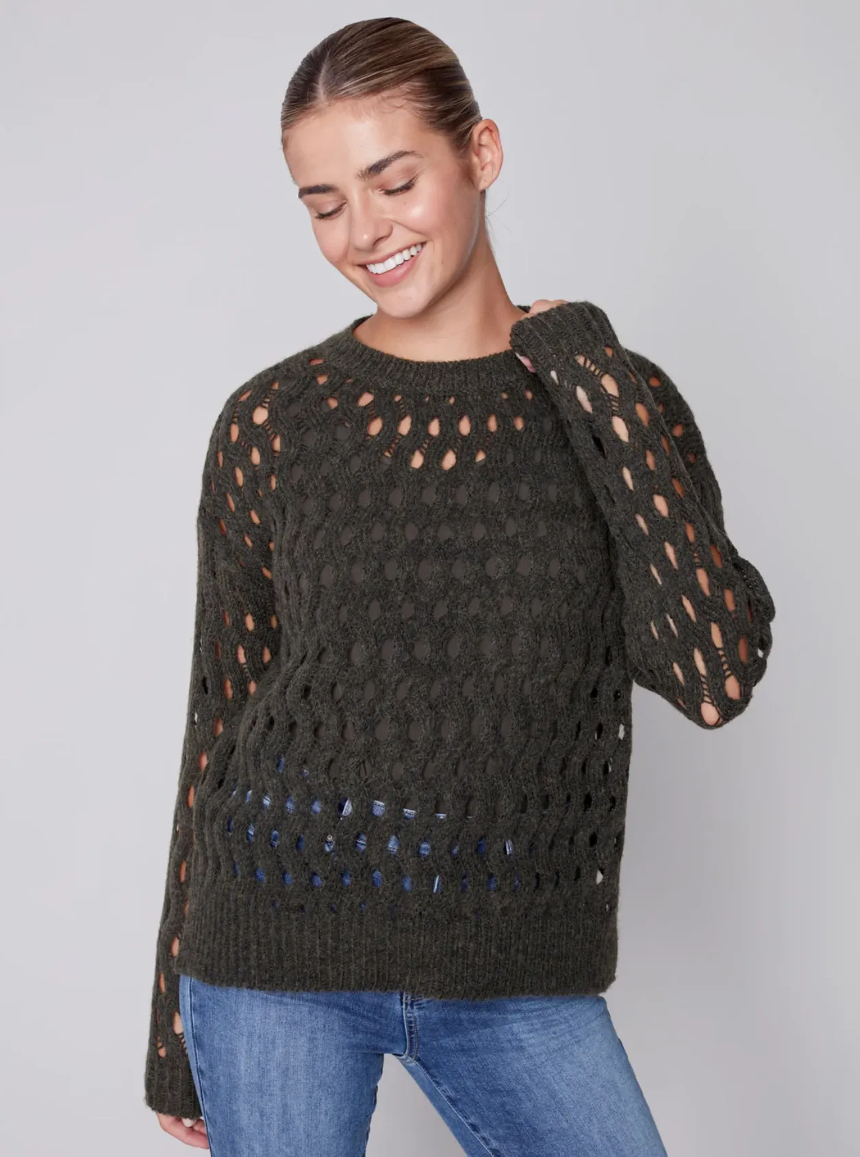 Charlie B - Crew-Neck Cable Knit Sweater - Spruce