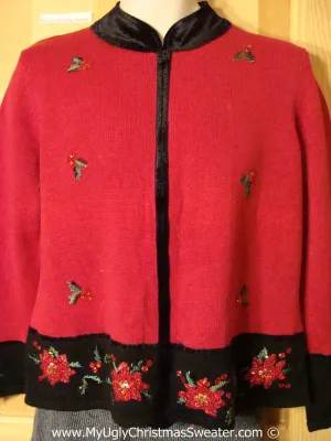 Cheap Tacky Cheesy Holiday Sweater with Vibrant Red and Green Ivy and Poinsettias (f1174)