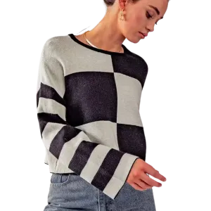 Checker Pattern Pullover Rib Knit Sweater - Black