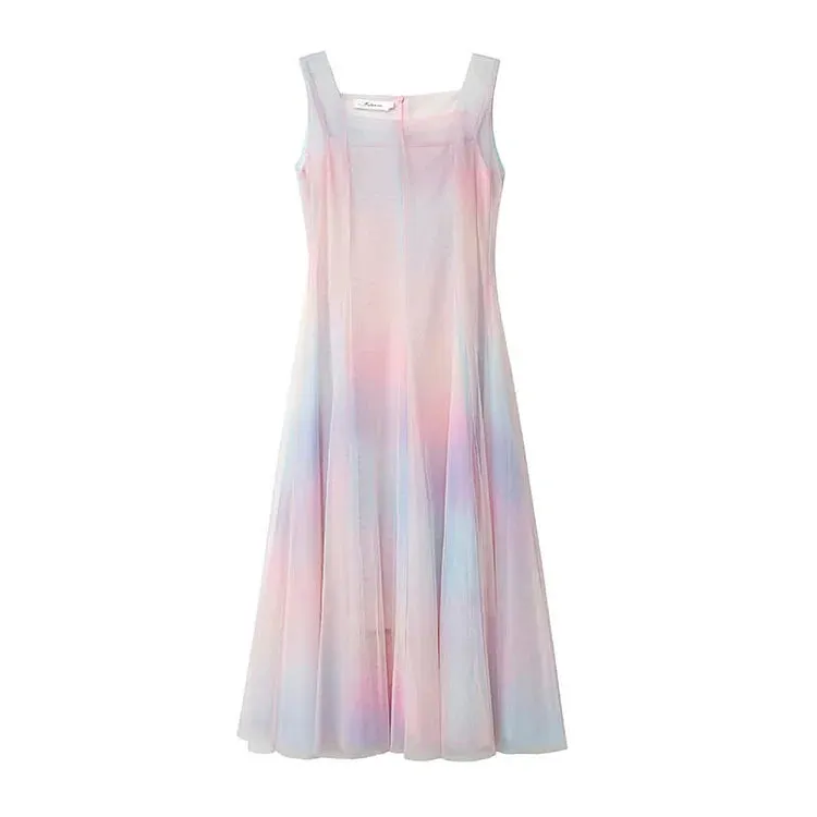 Chic A-line Elegance: Rainbow Slip Dress Ensemble
