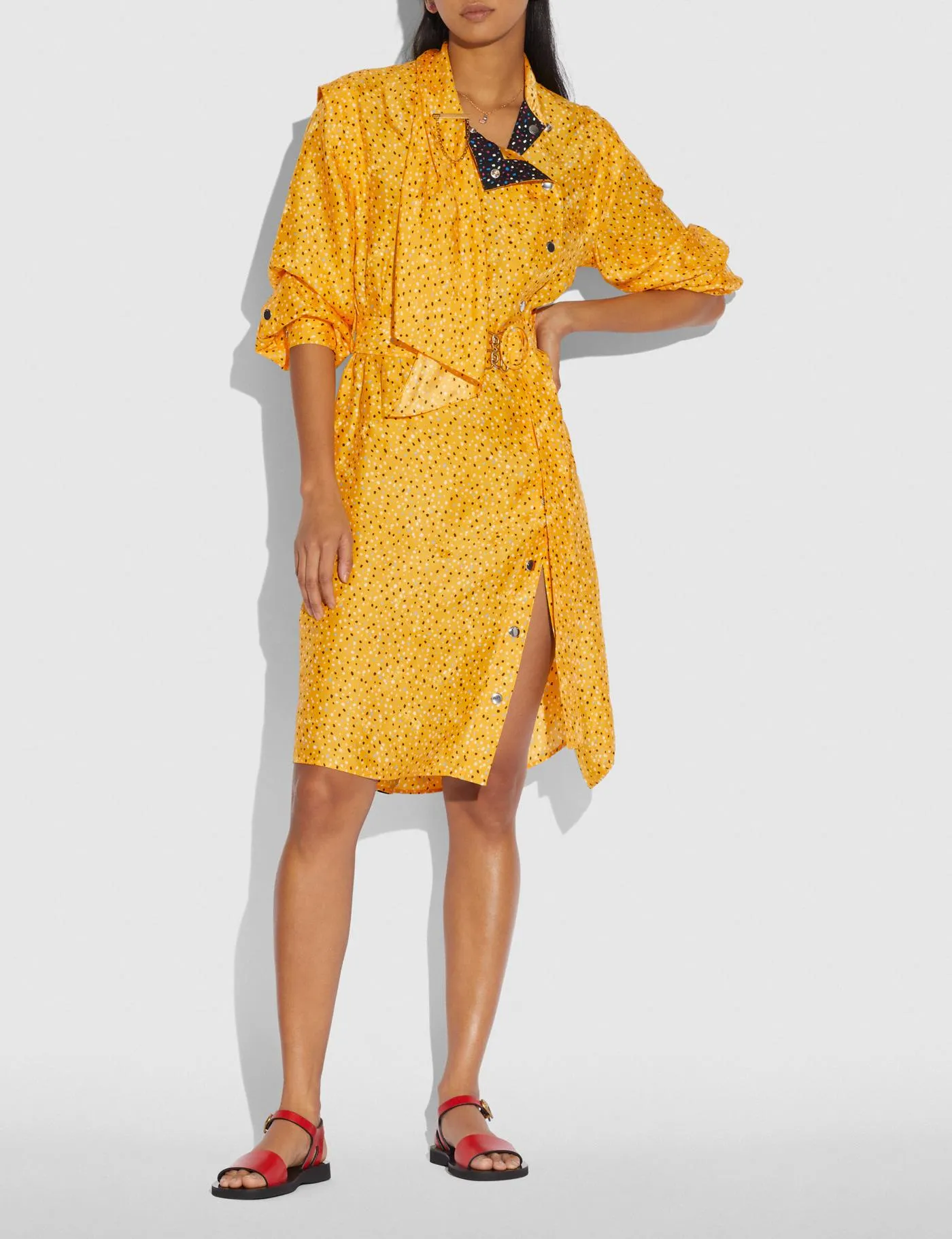 COACH Dot Print Architectural Drape Belted Dress