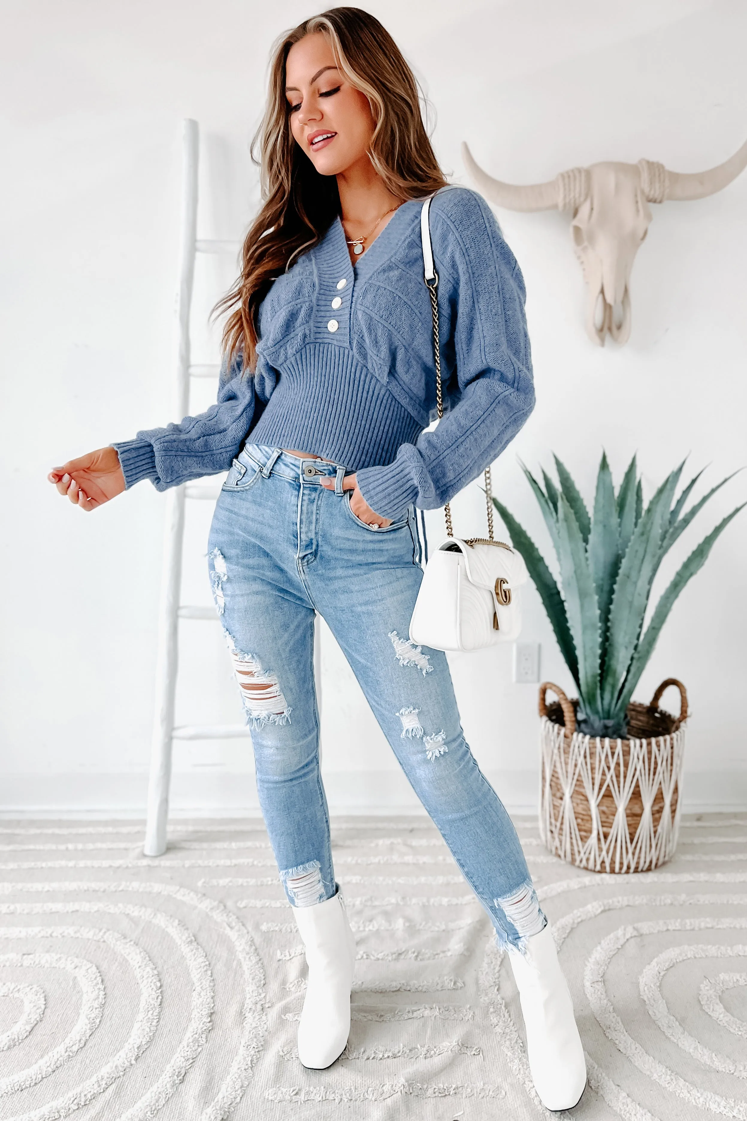 Criss-Cross Cutie Reversible V-Neck Sweater (Light Blue)