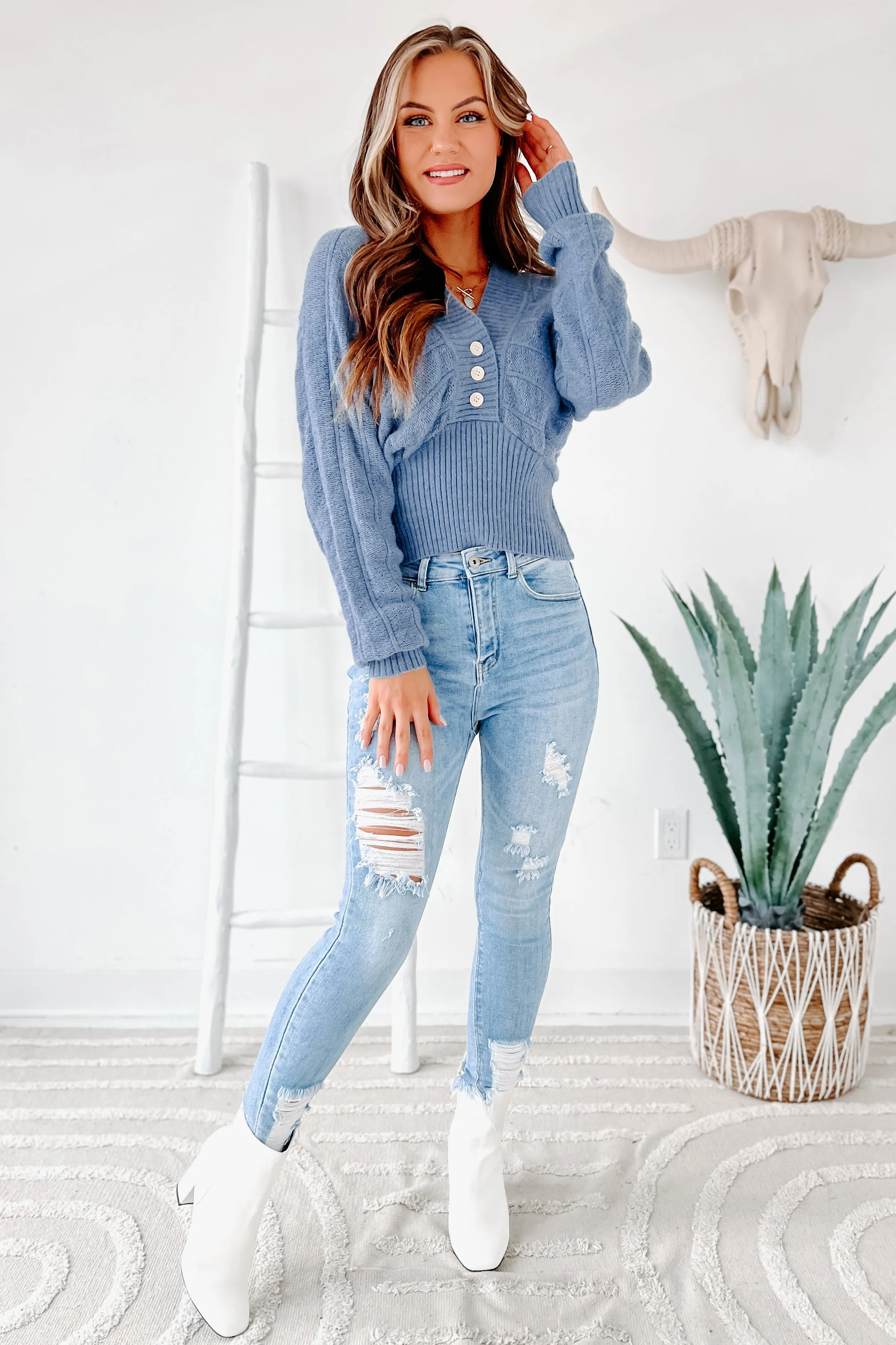 Criss-Cross Cutie Reversible V-Neck Sweater (Light Blue)