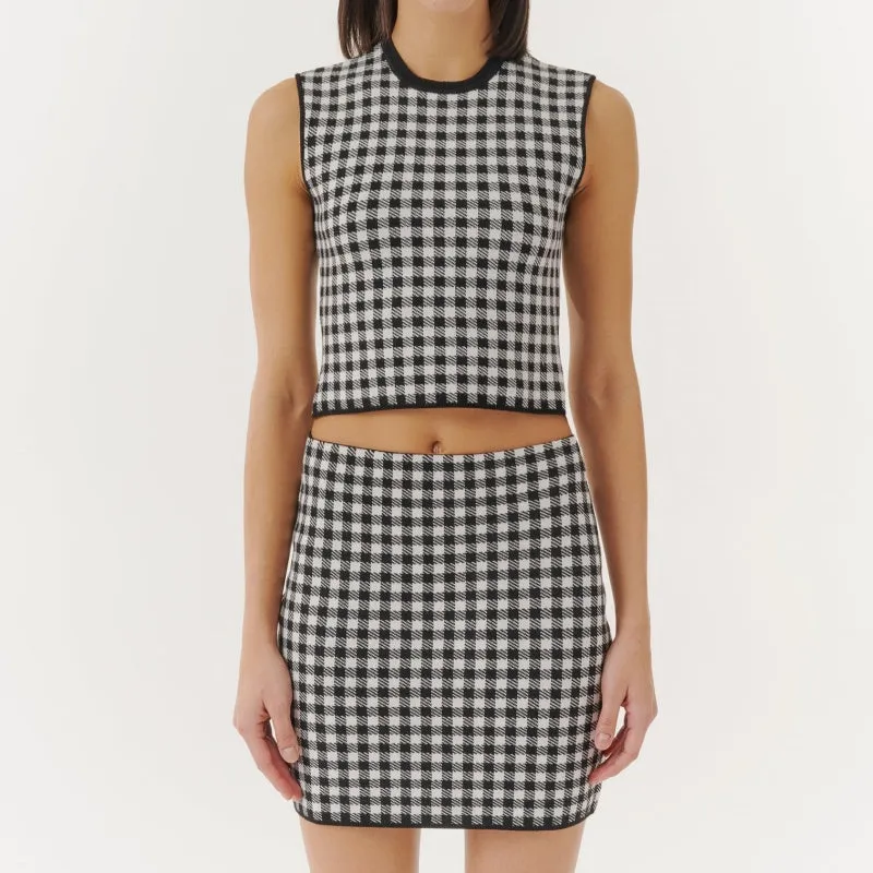 Custom Black and White Checkered Knitted Set - Crop Top and Skirt for Women