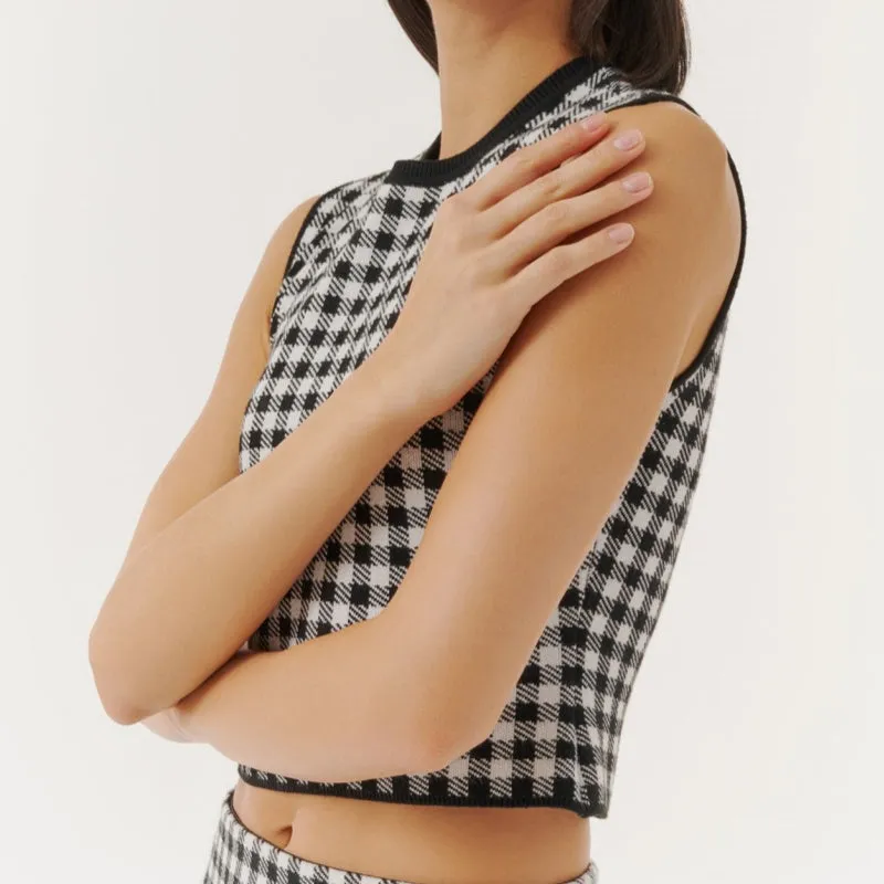 Custom Black and White Checkered Knitted Set - Crop Top and Skirt for Women