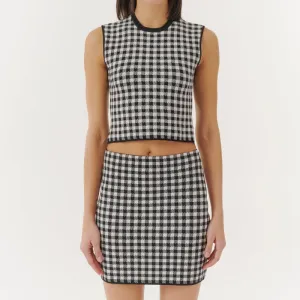 Custom Black and White Checkered Knitted Set - Crop Top and Skirt for Women