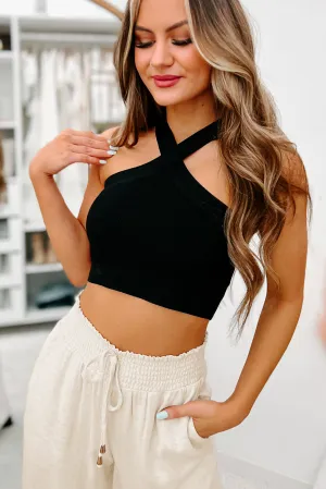 Darling Of Mine Ribbed Halter Crop Top (Black)
