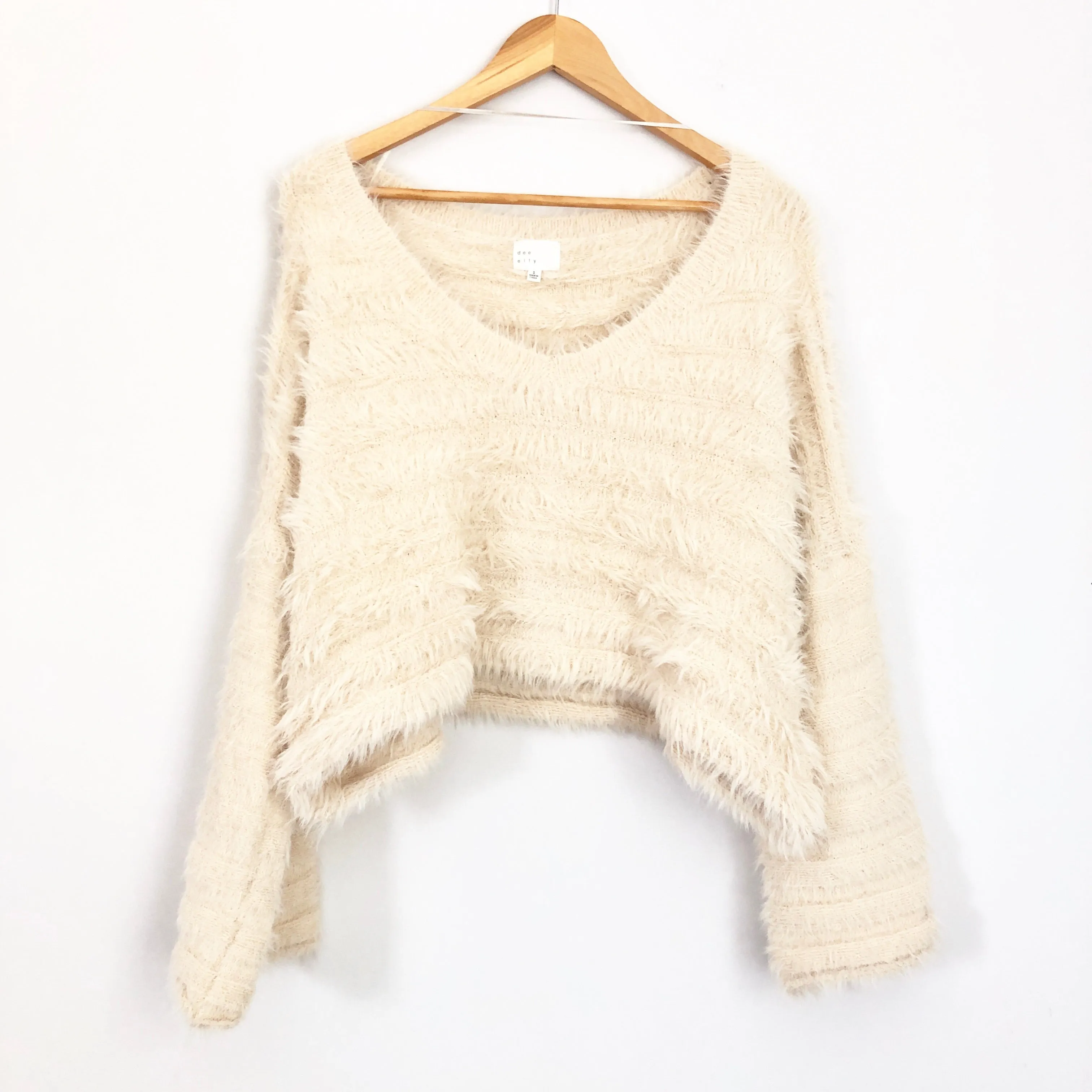 Dee Elly Fuzz Striped Crop Sweater with Bell Sleeve- Size S