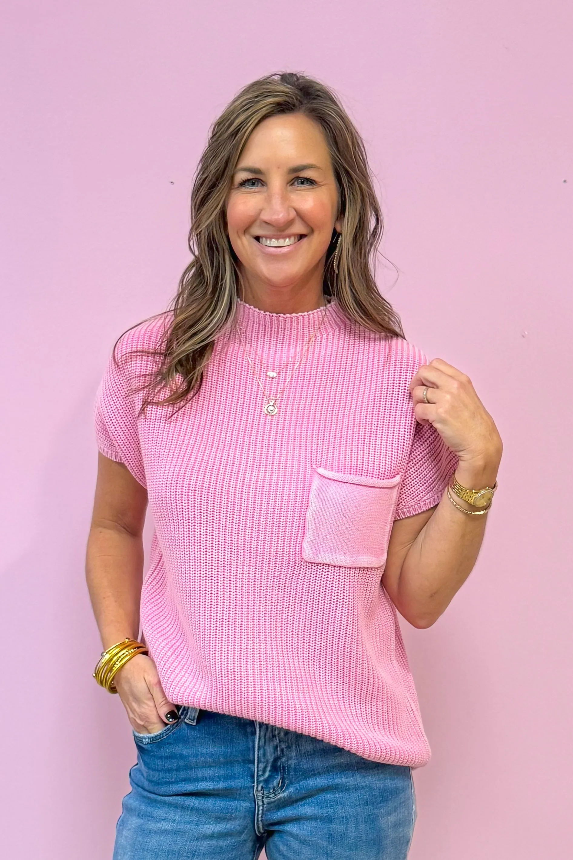 Dreamy Days Washed Mock Neck Knit Short Sleeve Sweater Top