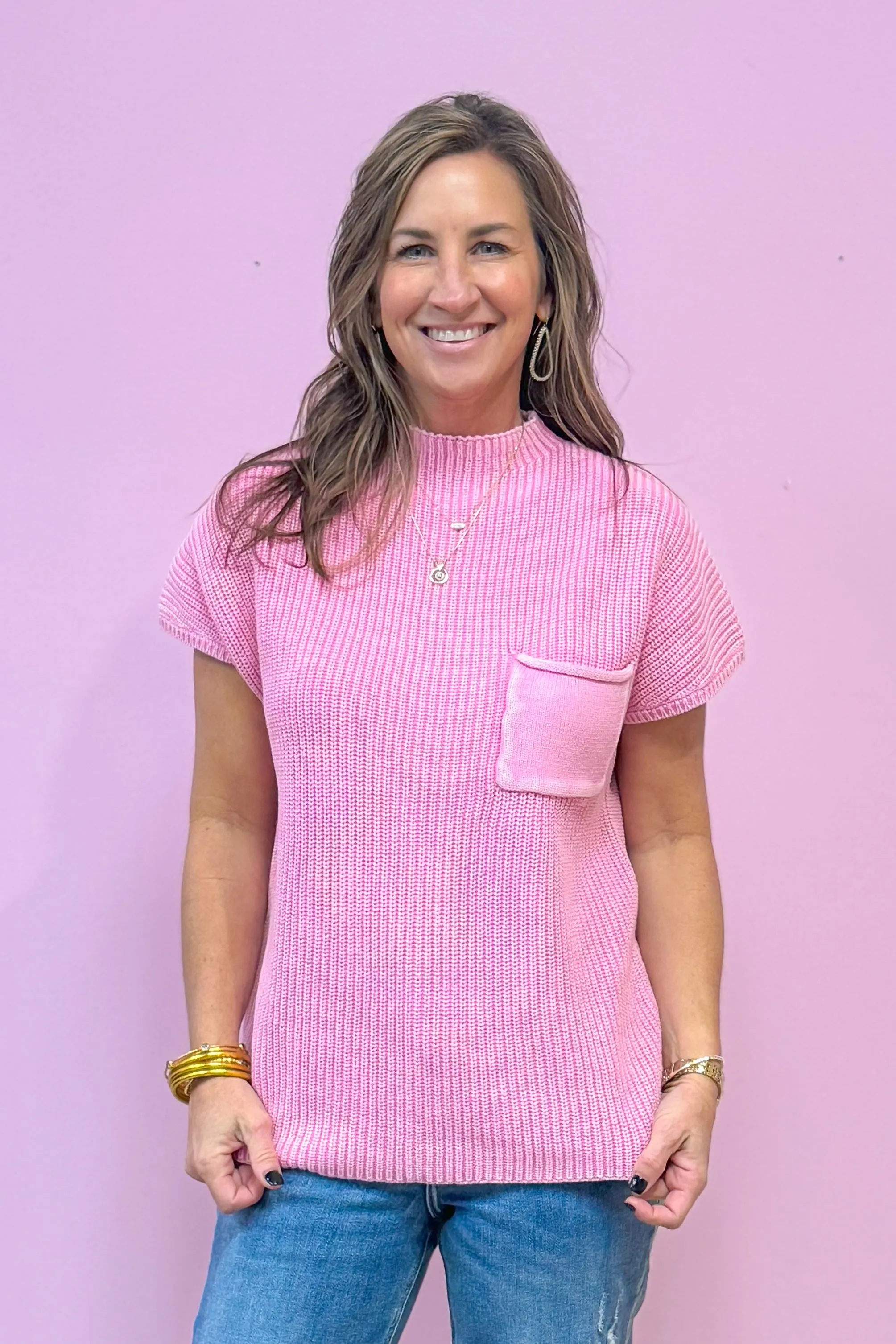 Dreamy Days Washed Mock Neck Knit Short Sleeve Sweater Top