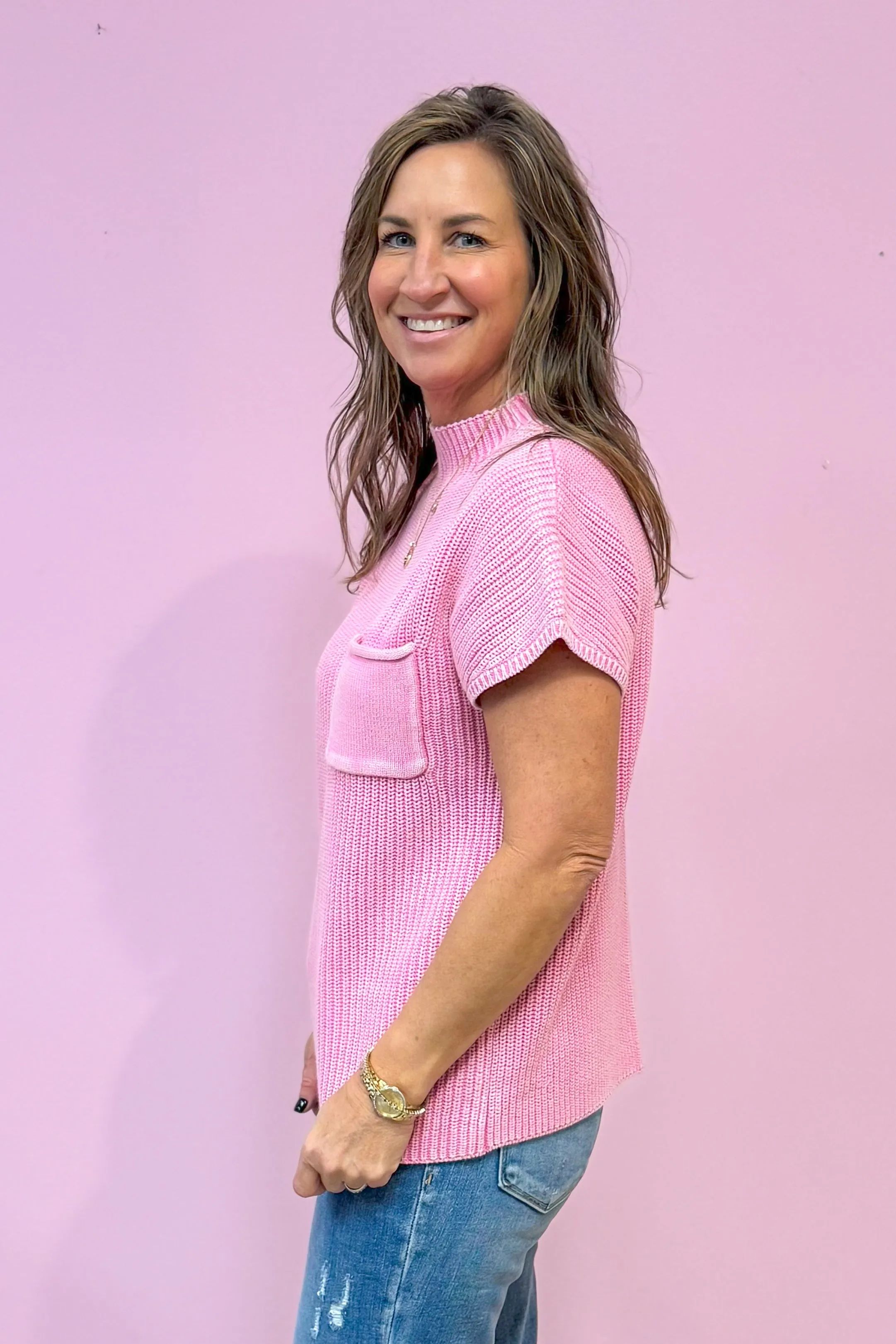 Dreamy Days Washed Mock Neck Knit Short Sleeve Sweater Top