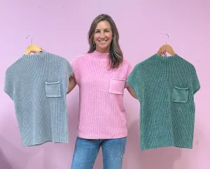 Dreamy Days Washed Mock Neck Knit Short Sleeve Sweater Top