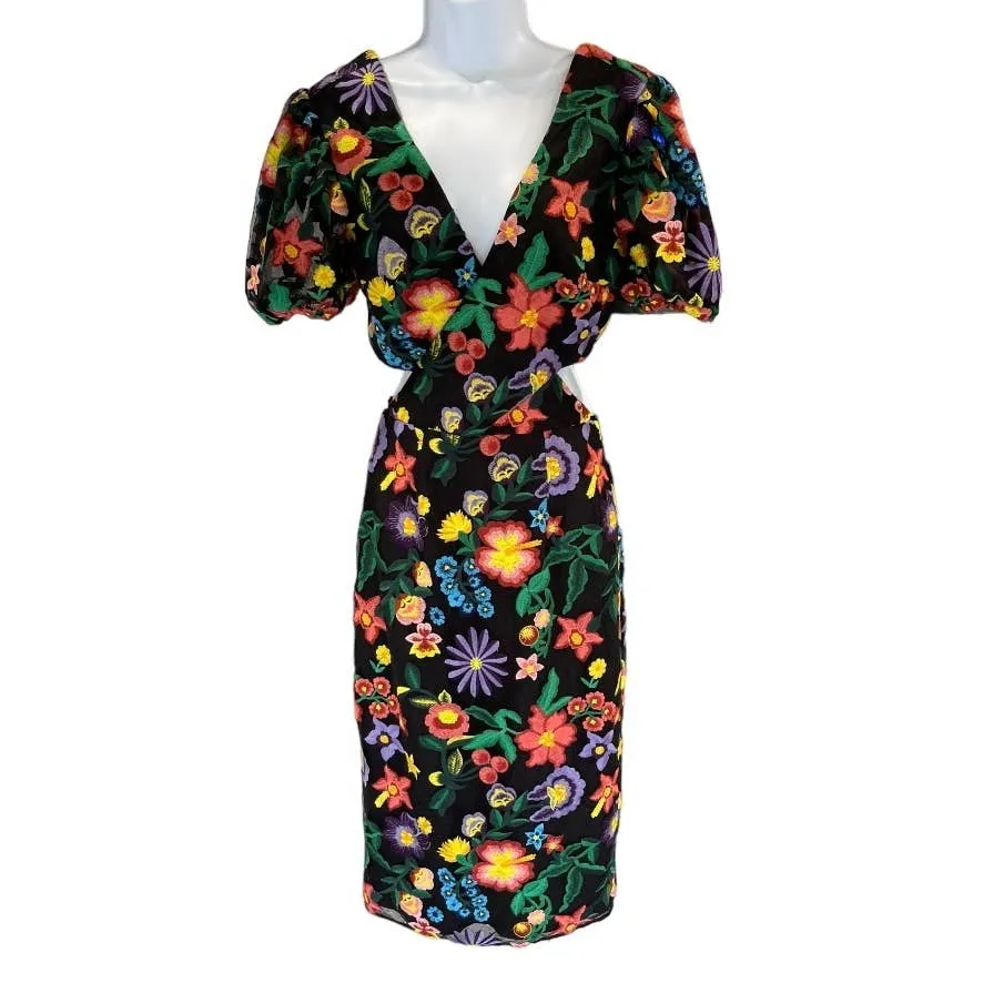 Dress The Population Embroided Cut Out Puff Sleeve Midi Dress Small New
