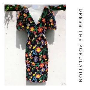 Dress The Population Embroided Cut Out Puff Sleeve Midi Dress Small New