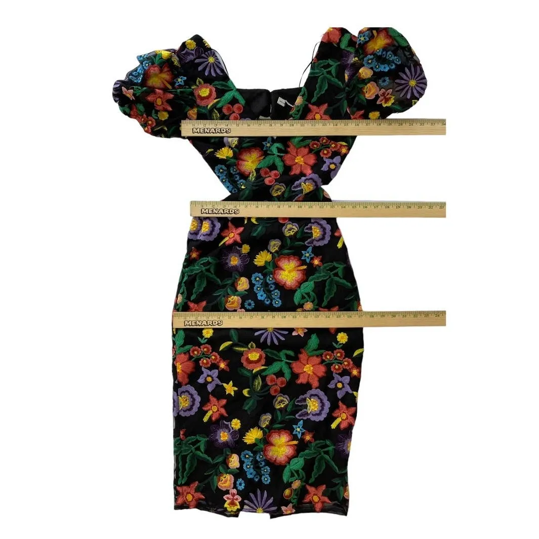 Dress The Population Embroided Cut Out Puff Sleeve Midi Dress Small New