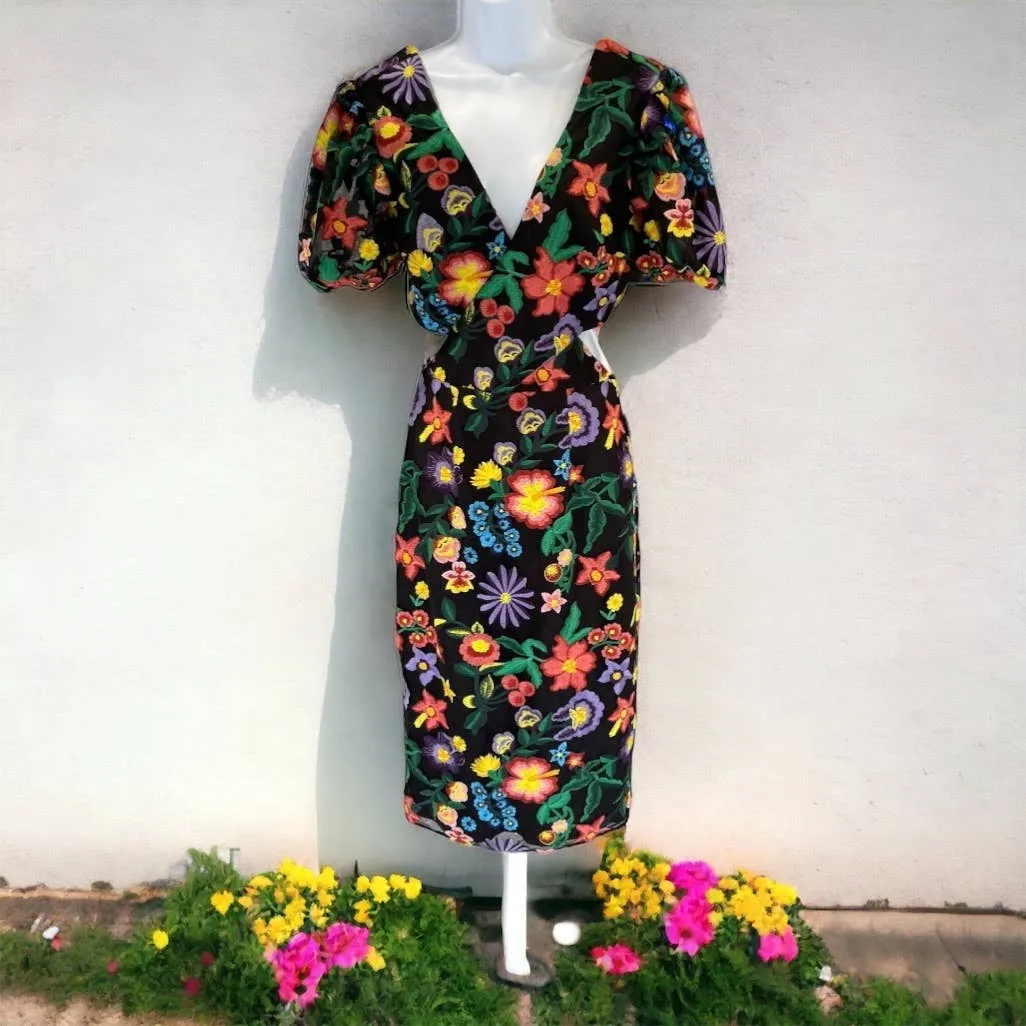 Dress The Population Embroided Cut Out Puff Sleeve Midi Dress Small New