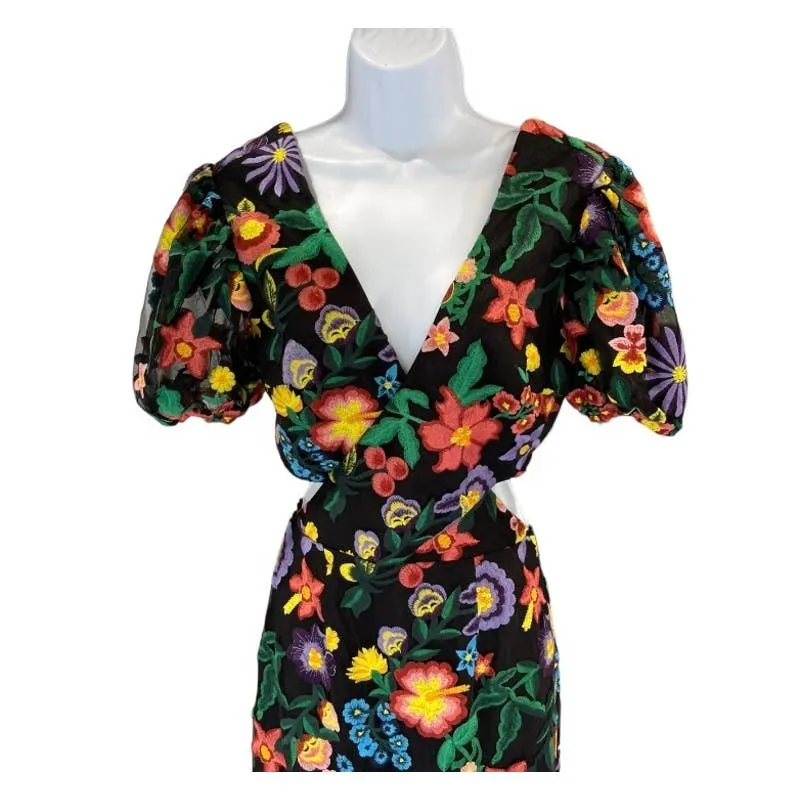 Dress The Population Embroided Cut Out Puff Sleeve Midi Dress Small New