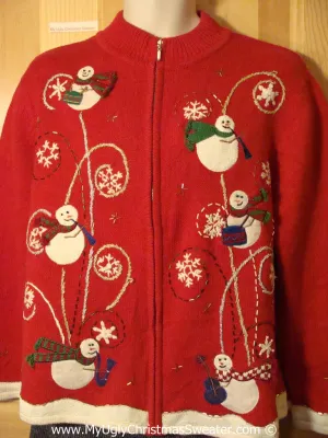 Flying Festive Snowmen Tacky Ugly Christmas Sweater (f791)