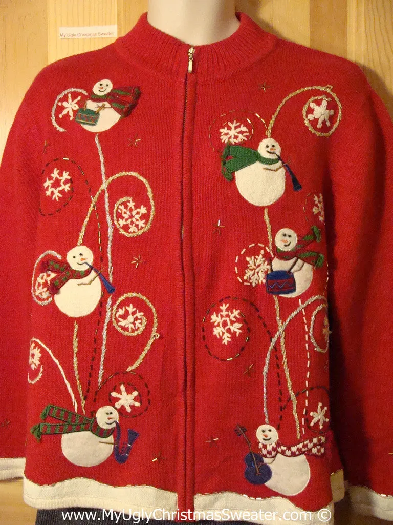 Flying Festive Snowmen Tacky Ugly Christmas Sweater (f791)