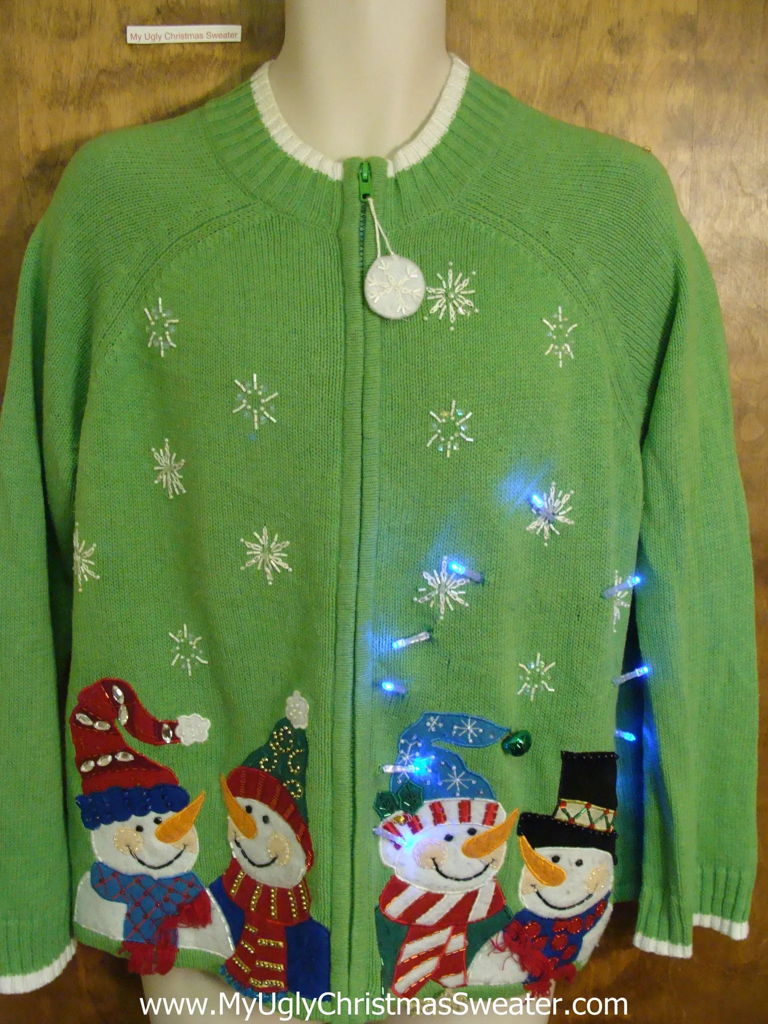 Four Snowman Friends Green Light Up Ugly Xmas Sweater
