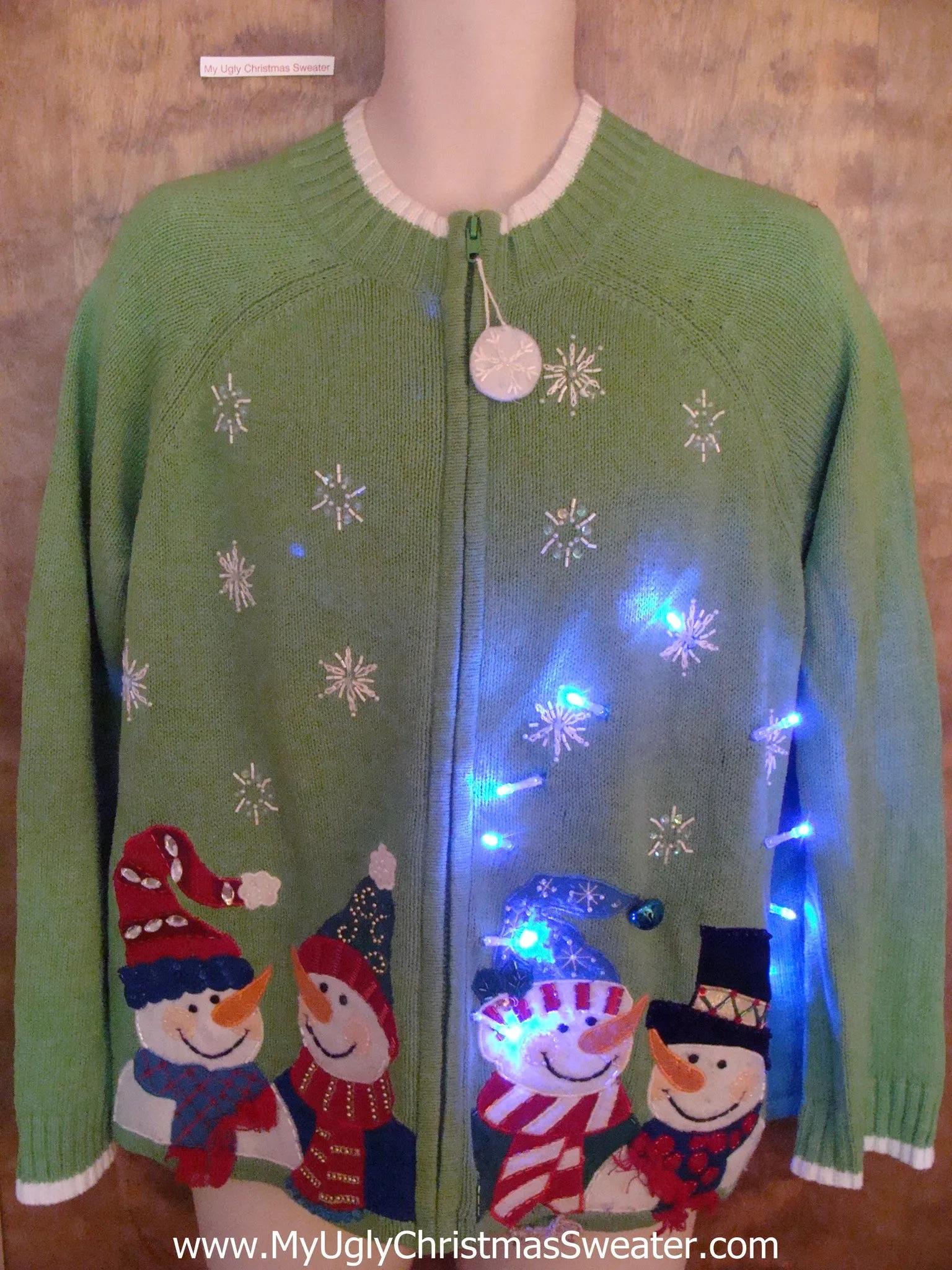 Four Snowman Friends Green Light Up Ugly Xmas Sweater