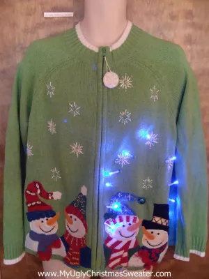 Four Snowman Friends Green Light Up Ugly Xmas Sweater