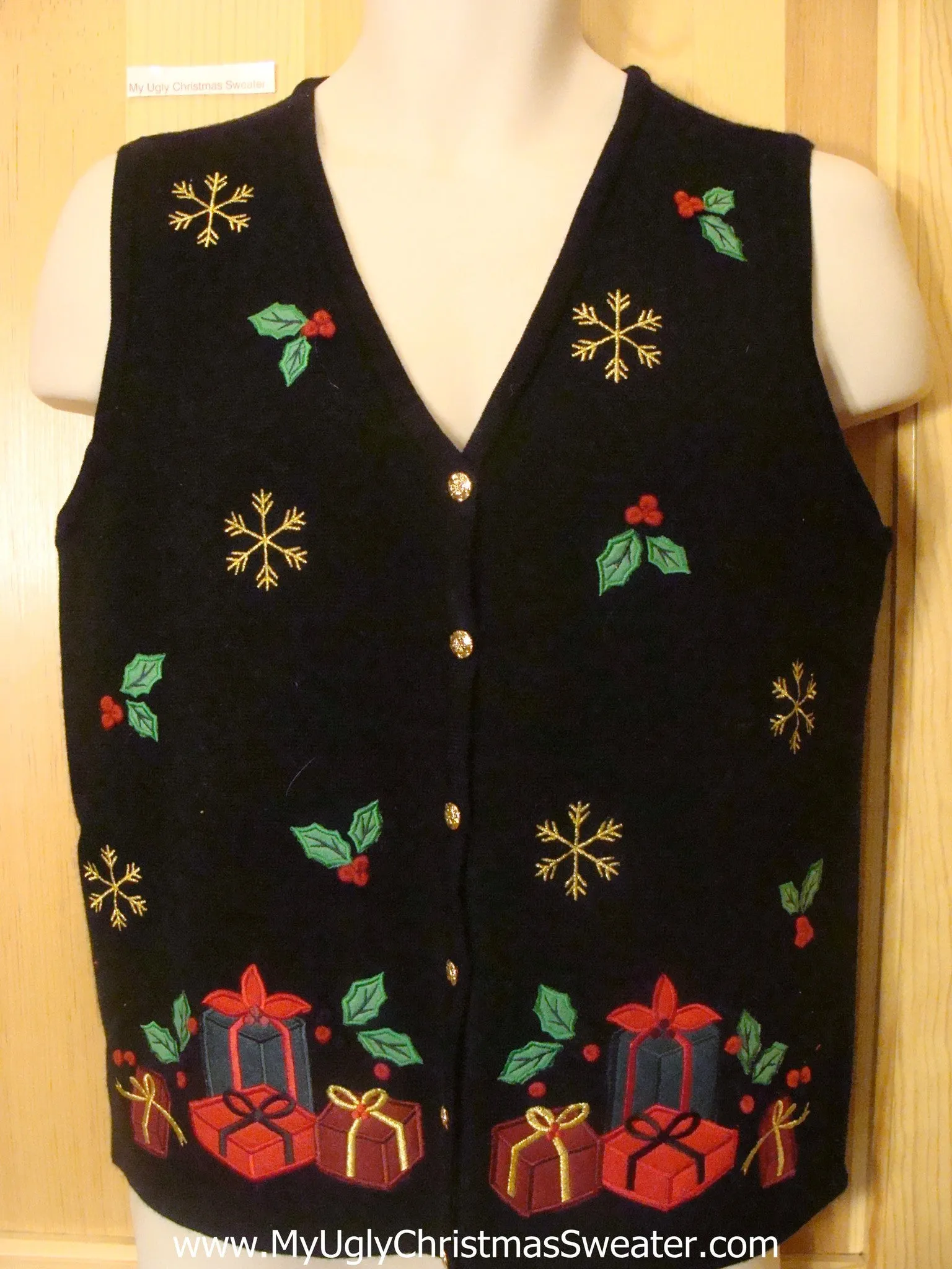 Funny Christmas Sweater Vest with Ivy and Gifts