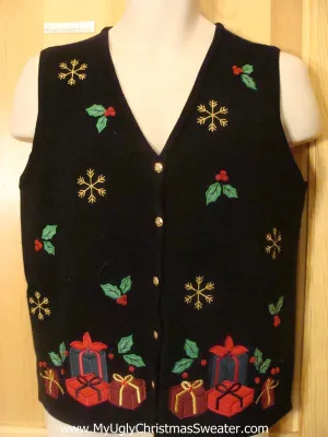 Funny Christmas Sweater Vest with Ivy and Gifts