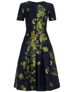 Green and Navy Acorn Jacquard Flare Dress
