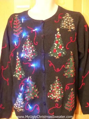 Green Christmas Sweater with Trees and Lights