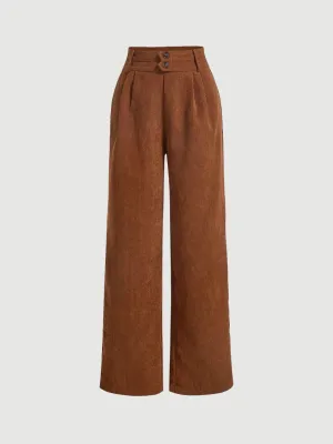 High Waist Plicated Detail Corduroy Wide Leg Pants