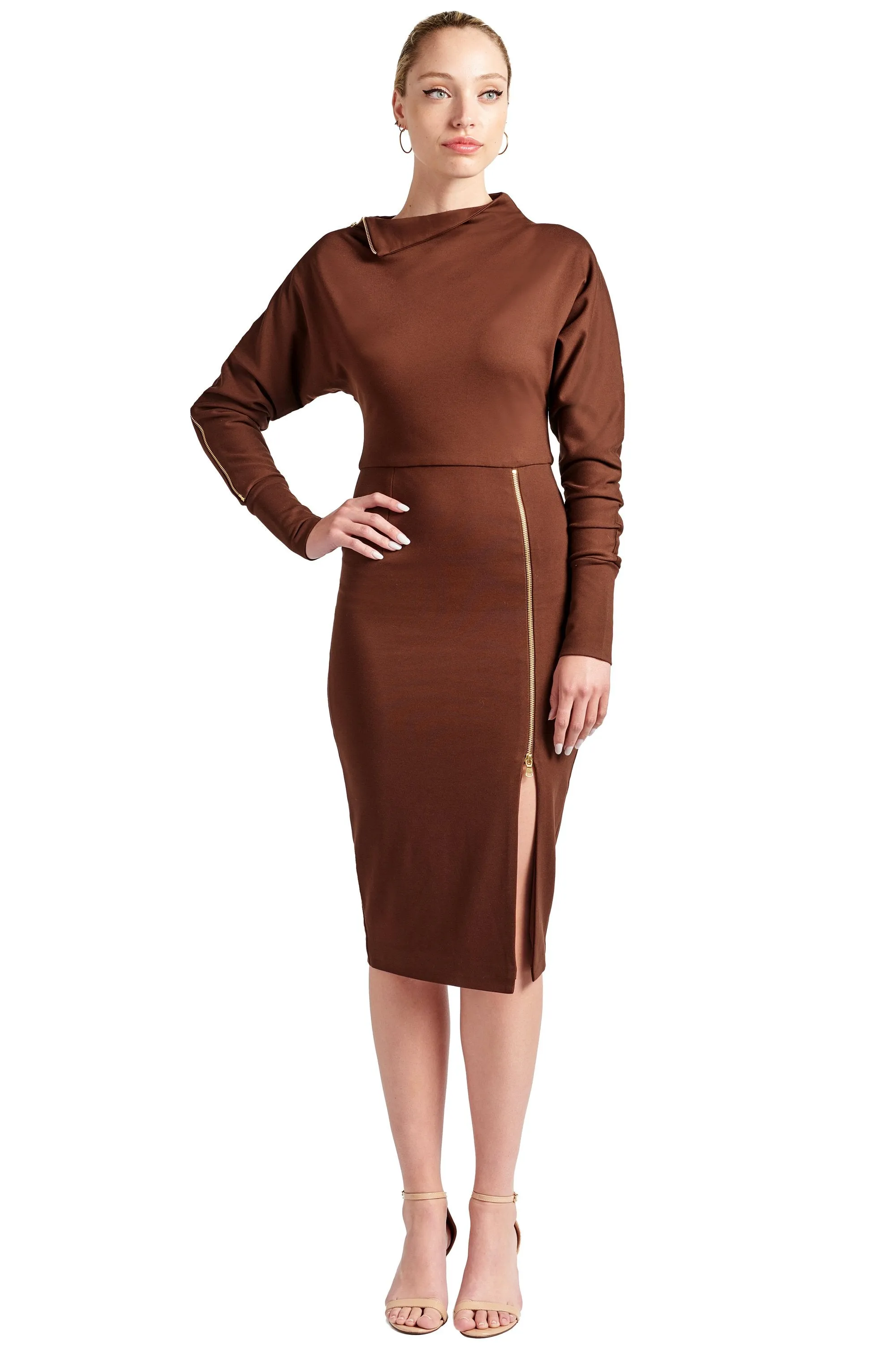 Josefa Asymmetric Dress -  Long sleeve convertible midi dress adorned