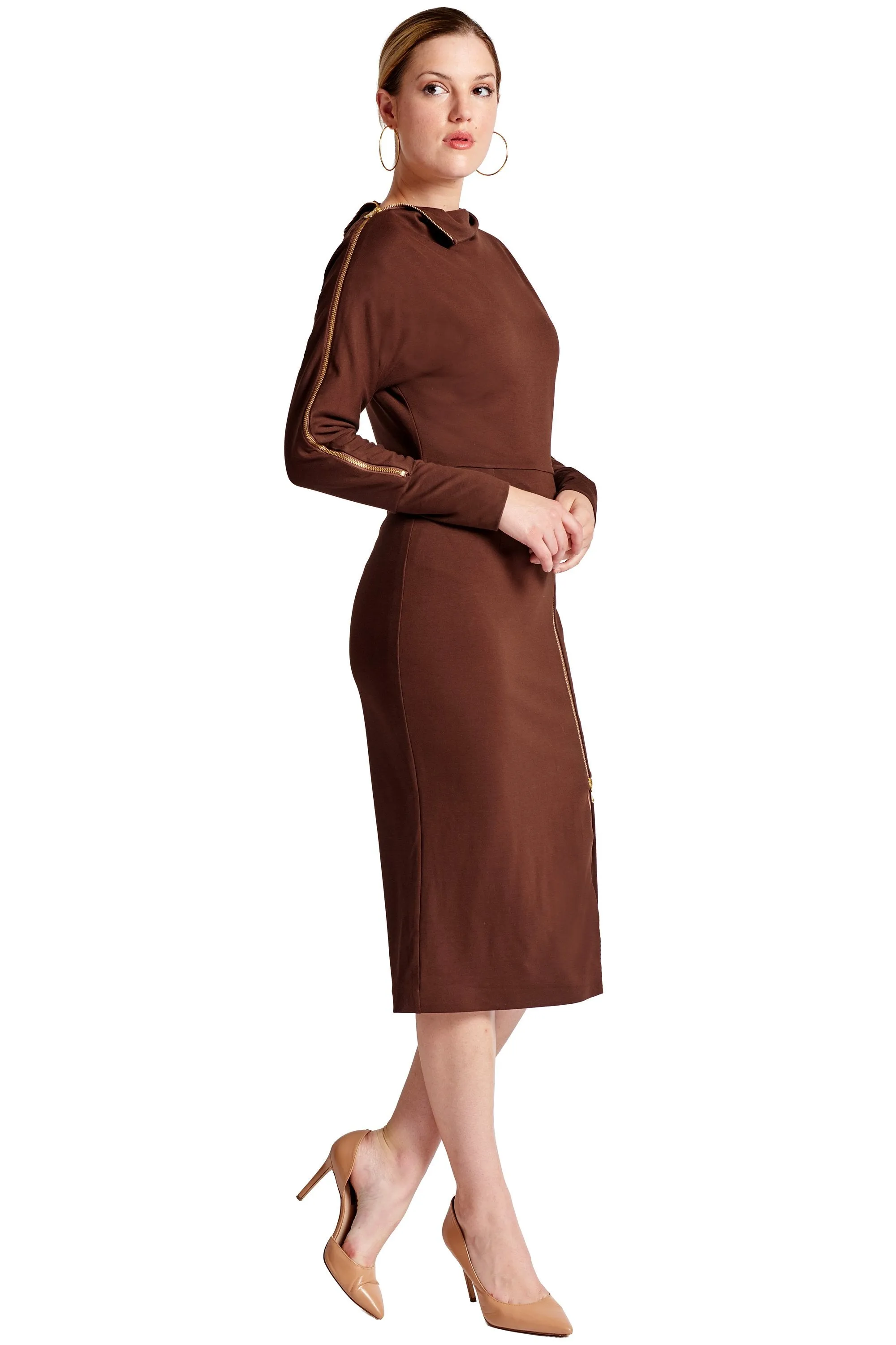 Josefa Asymmetric Dress -  Long sleeve convertible midi dress adorned