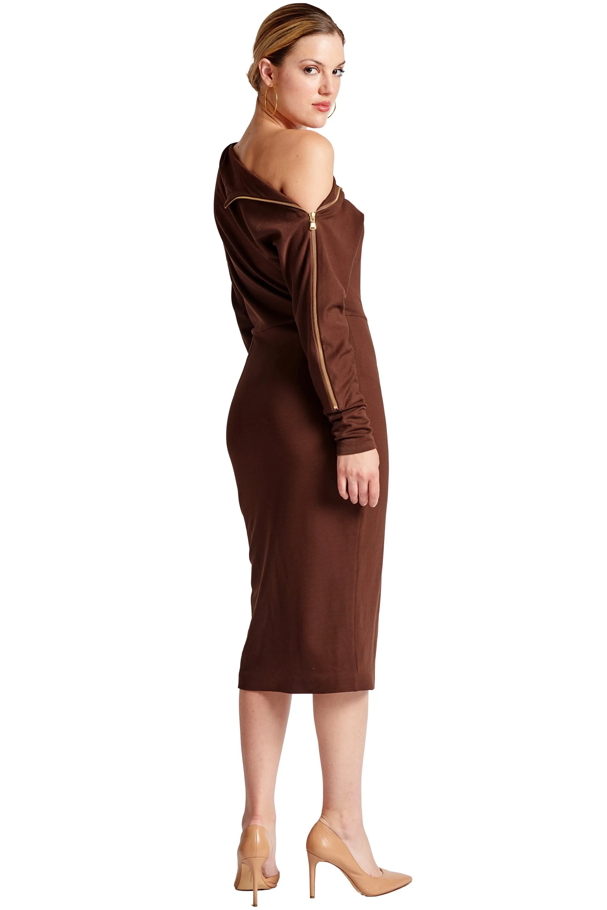 Josefa Asymmetric Dress -  Long sleeve convertible midi dress adorned